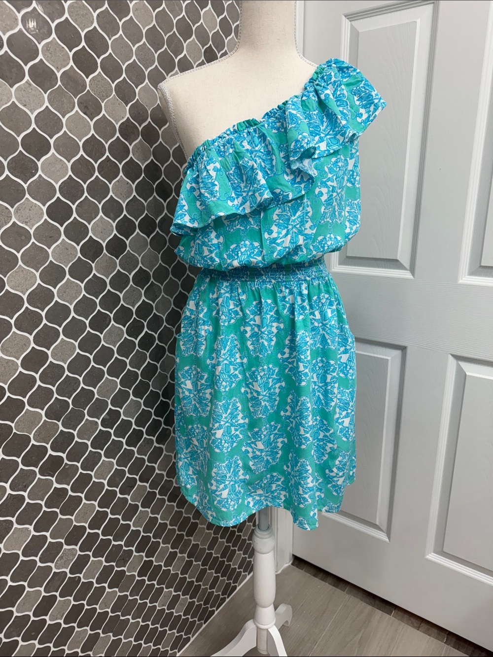 Lilly Pulitzer One-Shoulder Ruffle Dress in Turquoise and White